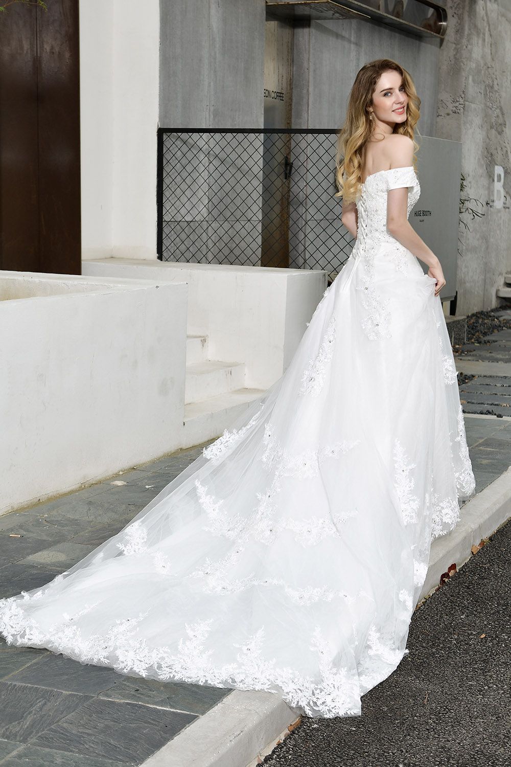 BMbridal Gorgeous Lace Off-the-Shoulder Long Wedding Dress with Beadings