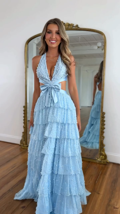Deep V Halter Pearl Beaded Homecoming Dress Cutout Bow Tiered Ruffle Skirt Open Back Mini
