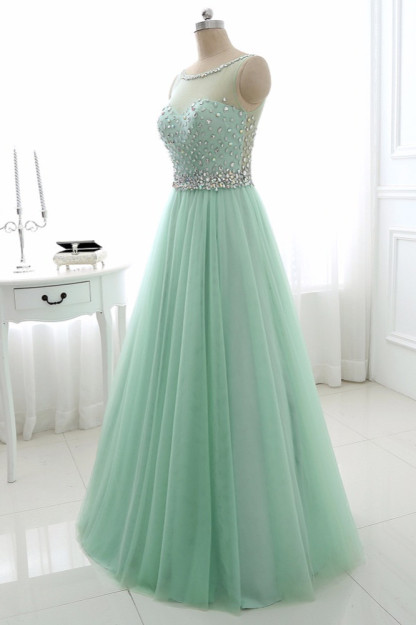 BMbridal Chic Tulle Jewel Sleeveles A-Line Prom Dresses with Rhinestones On Sale