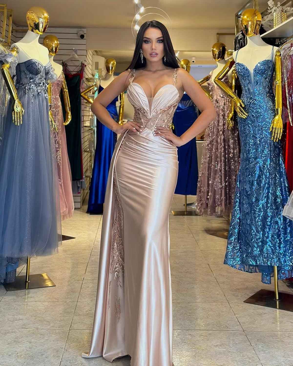 V Neck Satin Prom Dresses Long Mermaid Lace Evening Gown with Slit Pleated Bodycon Formal Dress with Tail bmbridal