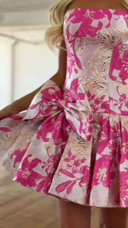 Strapless Floral Jacquard Homecoming Dress Oversized Bow Pleated Bubble Skirt Open Back Mini