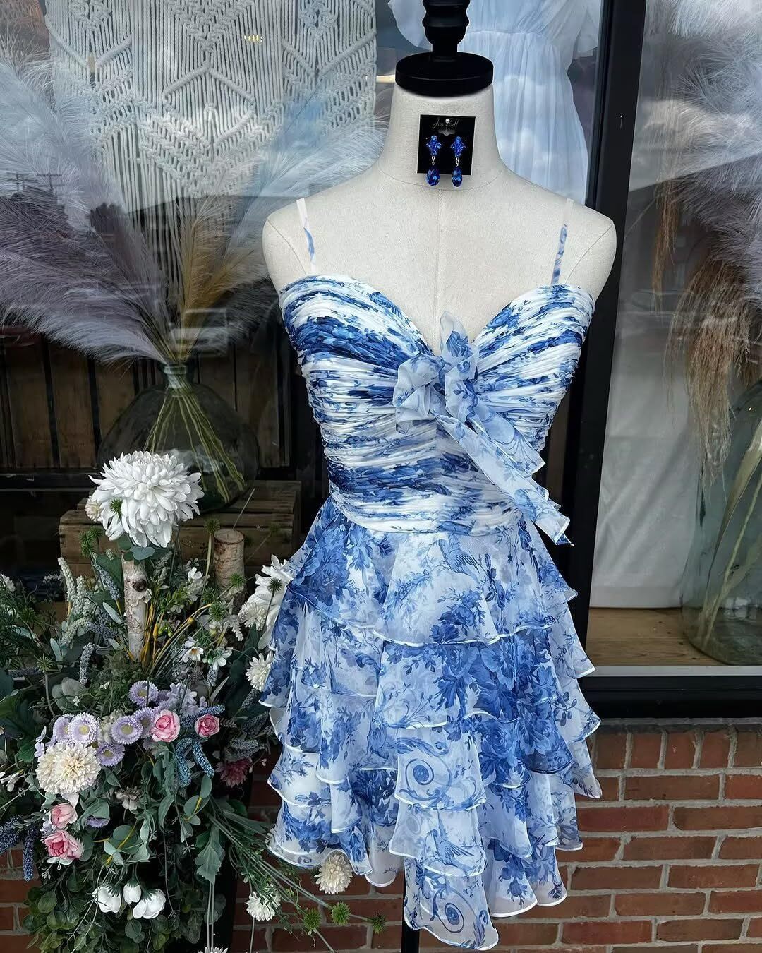 Tiered Ruffles Short Homecoming Dresses with Bow Corset Floral Print Mini Cocktail Party Gown-BMbridal