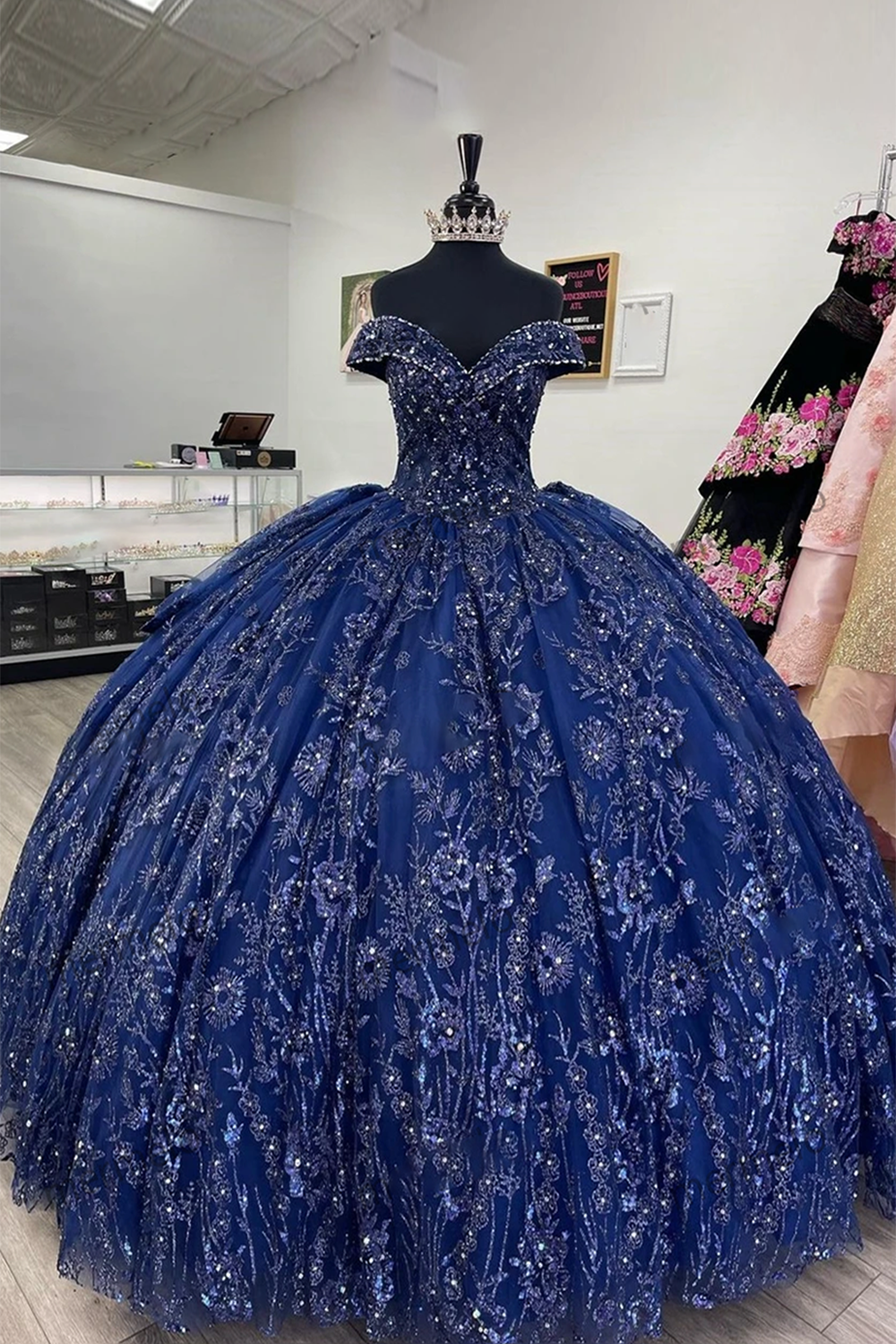 Navy Off-the-Shoulder Ball Gown with Sparkly Sequins Applique for Quinceanera