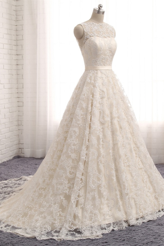 BMbridal Chic Champagne Jewel Sleeveless Wedding Dresses A-line Lace Bridal Gowns With Appliques On Sale-BMbridal