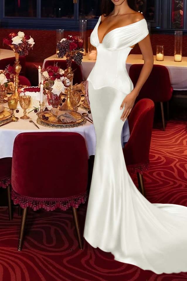 Off the Shoulder Sleeveless Long Mermaid Prom Dress With Pleated