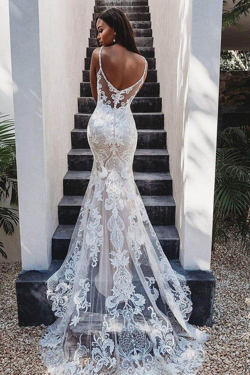 BMbridal Sleeveless Spaghetti-Straps Lace Wedding Dress Mermaid Open Back-BMbridal