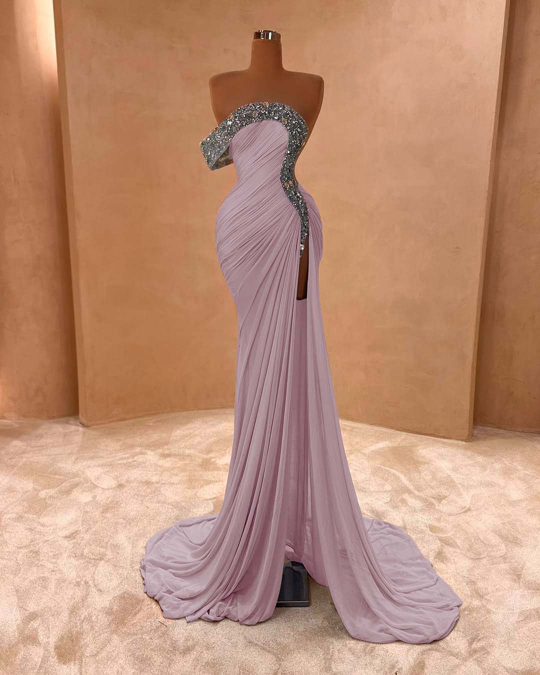 One Shoulder Sleeveless Long Split Prom Dress With Pleated Sequins