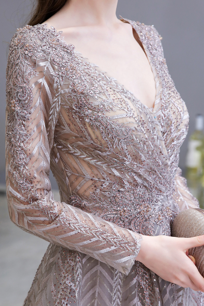BMbridal Sexy V-Neck Long Sleeve Prom Dress Appliques A-Line Evening Gowns