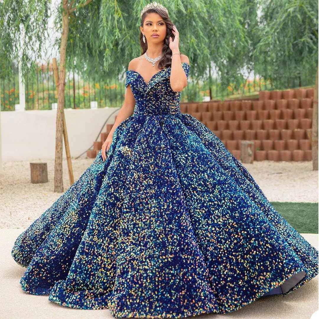 Sparkly Sequin Prom Dresses Long Ball Gown Off Shoulder Quinceanera Dresses Puffy Glitter Evening Party Dresses bmbridal