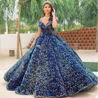 Sparkly Sequin Prom Dresses Long Ball Gown Off Shoulder Quinceanera Dresses Puffy Glitter Evening Party Dresses bmbridal