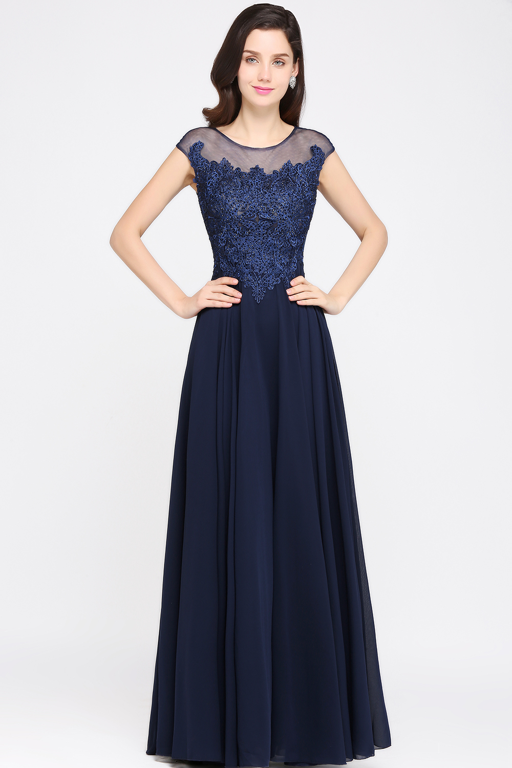 BMbridal Cap Sleeve Lace Appliques Long Chiffon Evening Dress