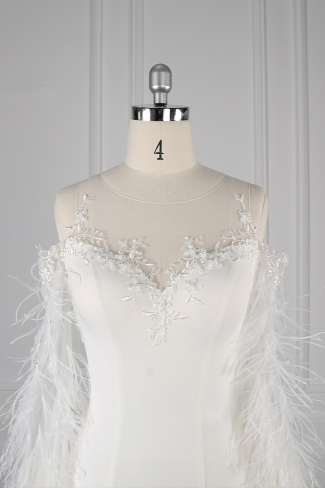 BMbridal Chic Jewel Sleeveless White Chiffon Wedding Dress Mermaid Appliques Bridal Gowns with Fur Onsale-BMbridal