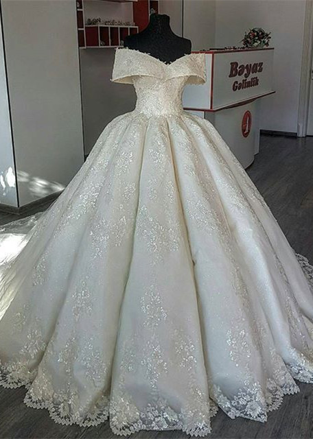 BMbridal Unique Off-the-shoulder A-line Lace Wedding Dresses Satin Ruffles Bridal Gowns With Appliques Online-BMbridal