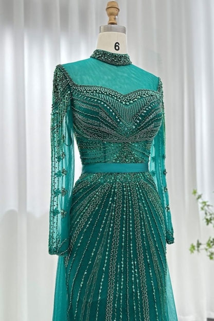Bmbridal Silver Square A-Line Floor-Length Long Sleeves Prom Dresses with Beadings