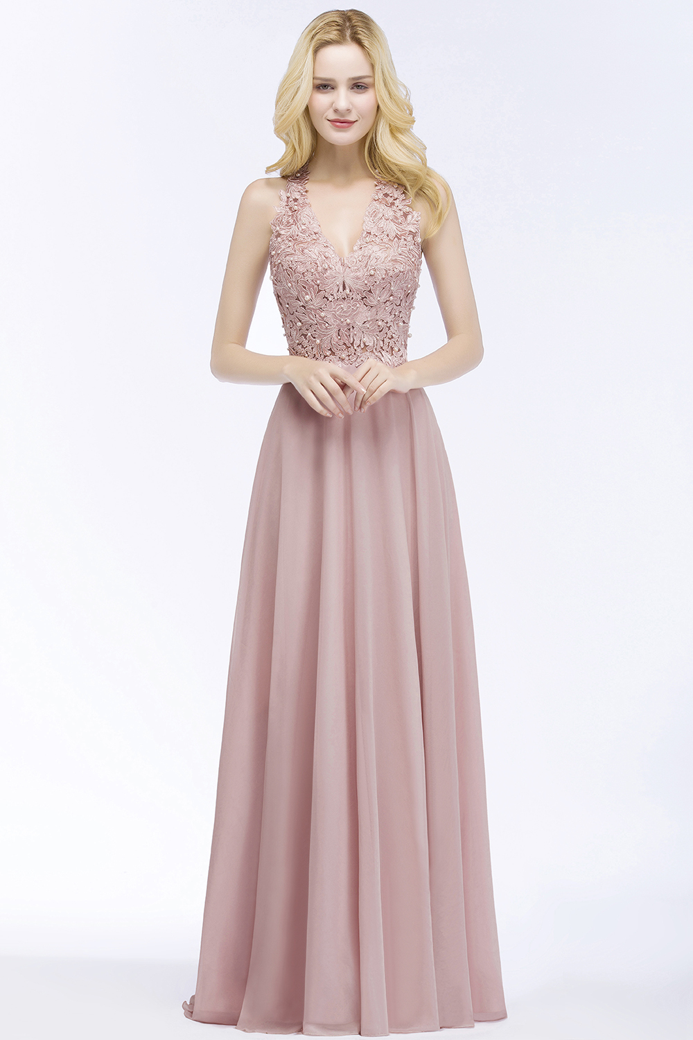 BMbridal Chic Lace V-neck Pink Chiffon Bridesmaid Dress with Pearls-BMbridal