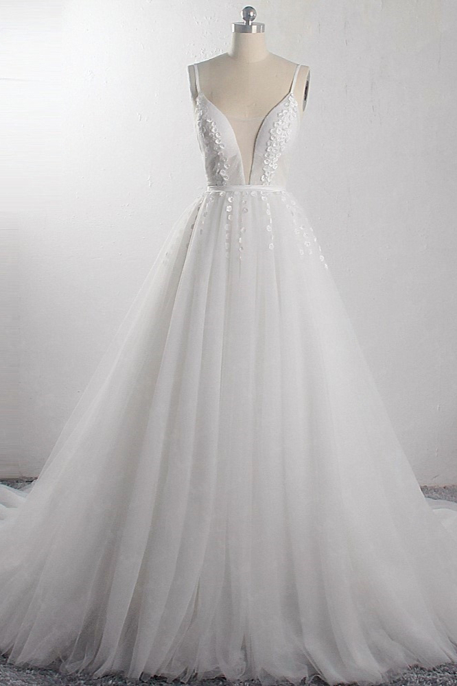 BMbridal Sexy A-Line Spaghetti Straps Tulle Wedding Dress Deep-V-Neck Appliques Sleeveless Bridal Gowns Online-BMbridal