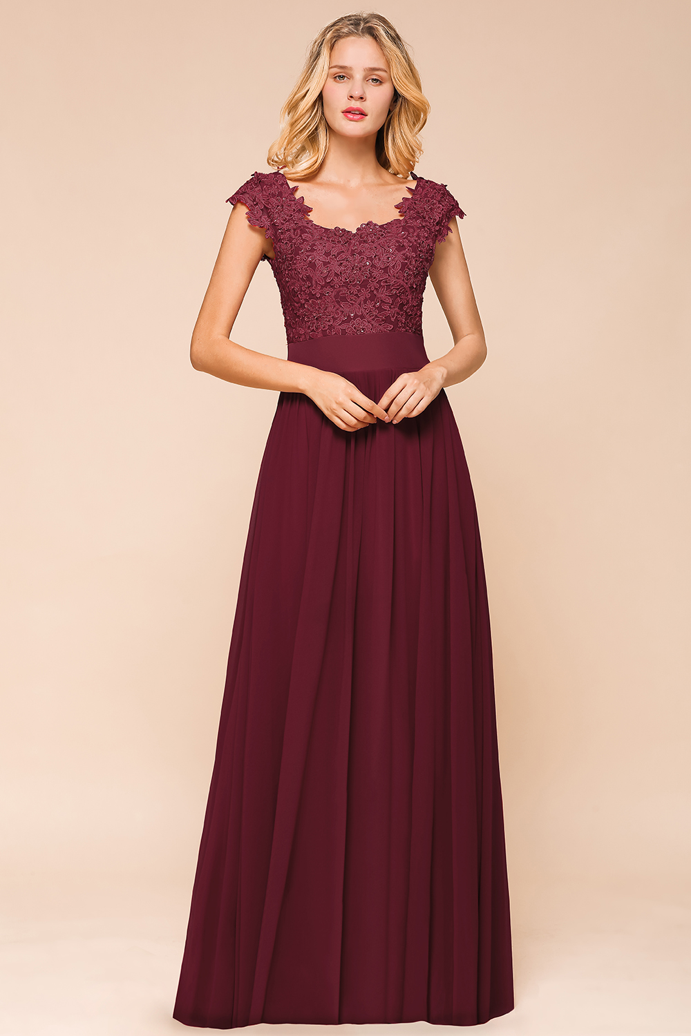 BMbridal Elegant Long Chiffon Prom Dress With Lace Appliques On Sale