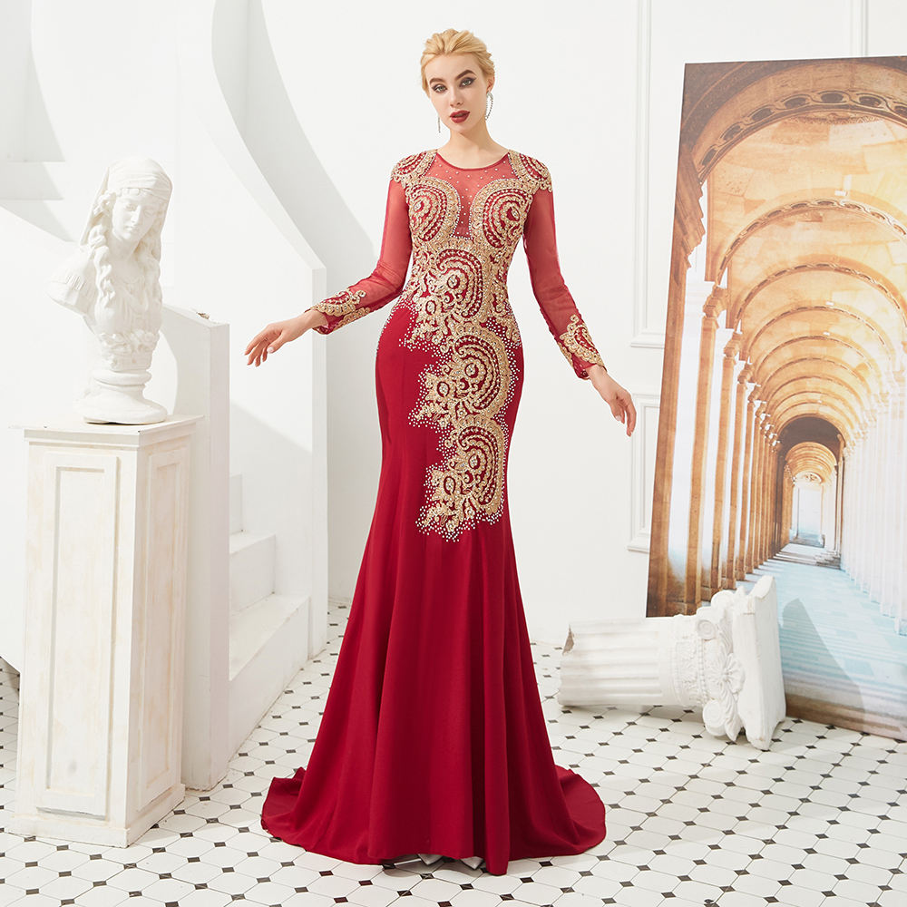 BMbridal Burgundy Long Sleeve Mermaid Prom Dress With Gold Appliques Online