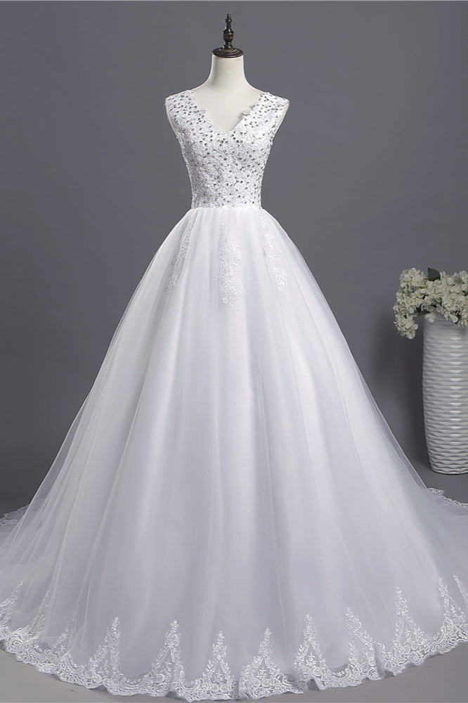 BMbridal Glamorous V-Neck Sequins White Tulle Wedding Dress Sleevels Lace Appliques Bridal Gowns On Sale-BMbridal