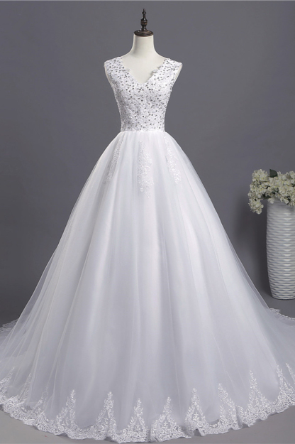 BMbridal Glamorous V-Neck Sequins White Tulle Wedding Dress Sleevels Lace Appliques Bridal Gowns On Sale-BMbridal