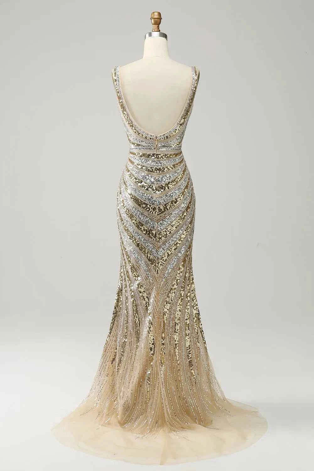 Sparkly Golden Mermaid Deep V-Neck Sequins Long Prom Dress