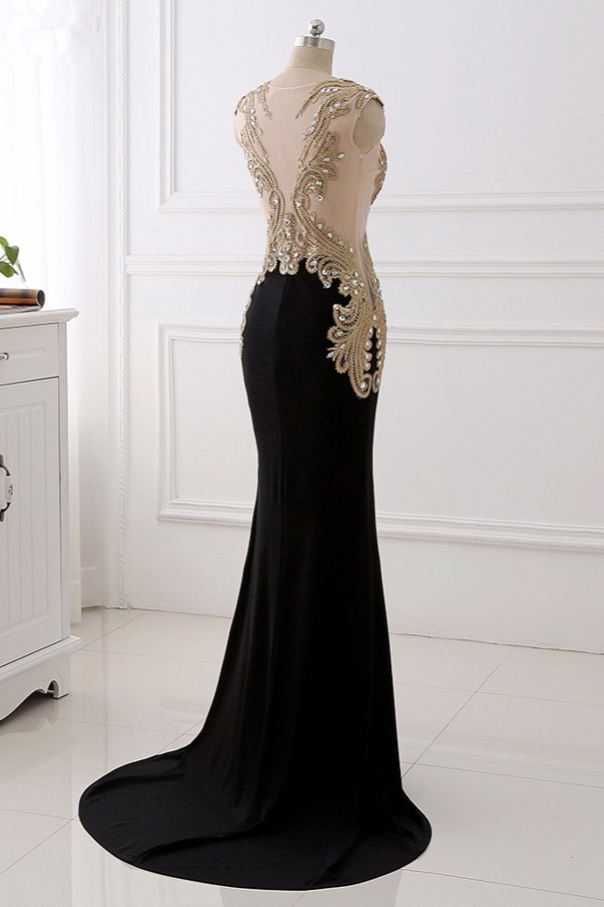 BMbridal Affordabe V-Neck Sleeveless Mermaid Prom Dresses Gold Appliques with Crystals