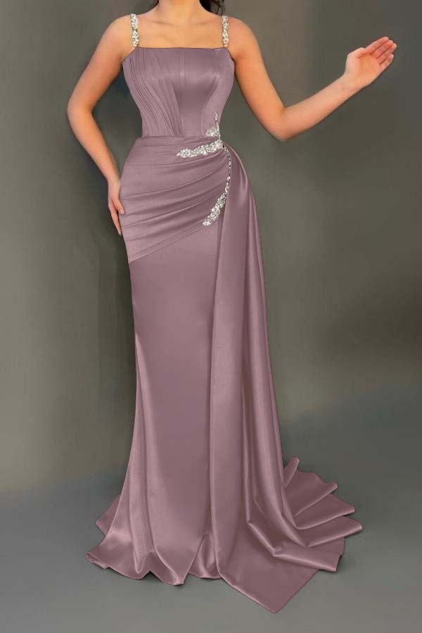 Spaghetti Strap Sleeveless Long Mermaid Prom Dress With Pleated Beading