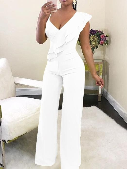 Chic Green V-Neck Slim Fit Daily Jump Suit With Ruffles
