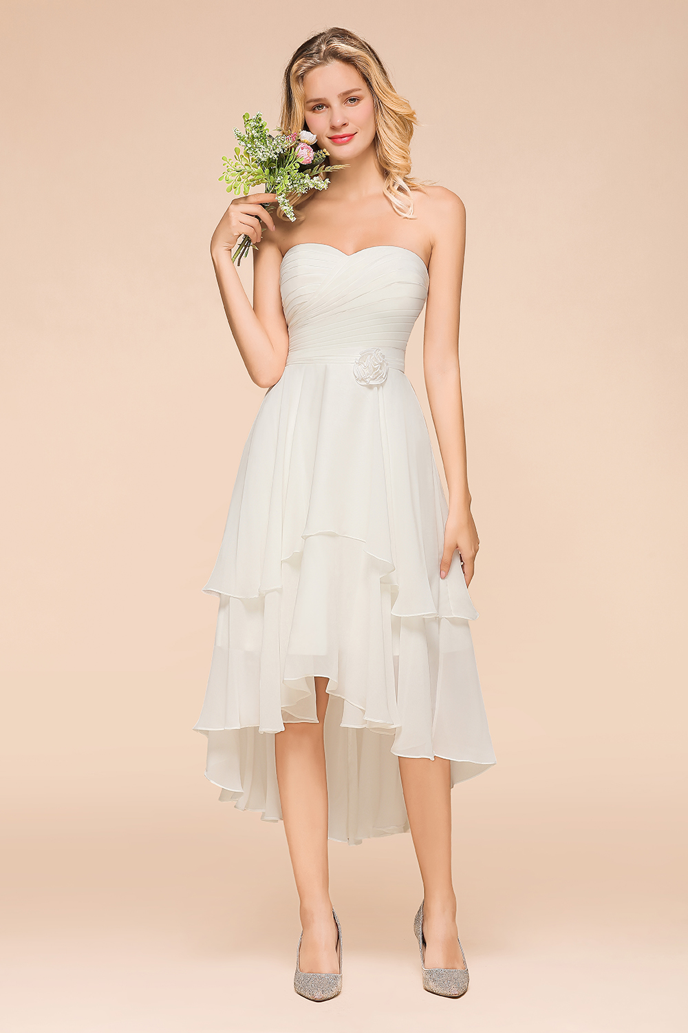BMbridal Affordable Hi-Lo Layer Ruffle Ivory Short Bridesmaid Dress with Flower-BMbridal