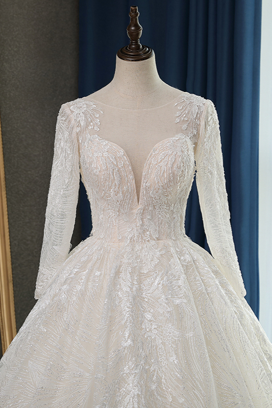 BMbridal Glamorous Ball Gown Jewel Appliques Wedding Dress Long Sleeves Bridal Gowns Online
