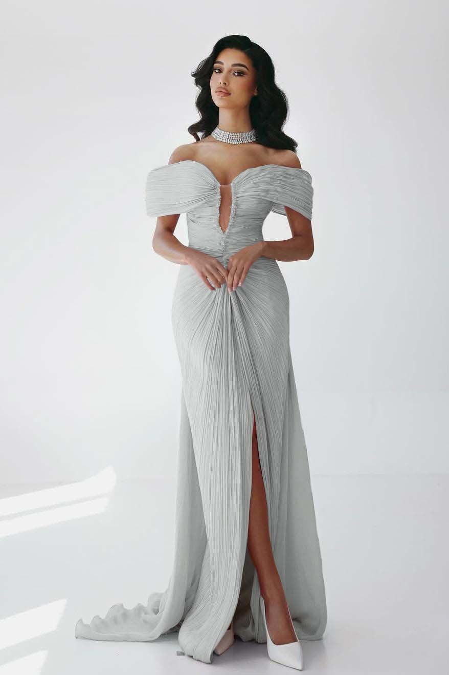 Off the Shoulder Sleeveless Long Mermaid Prom Dress With Ruffles Pleated