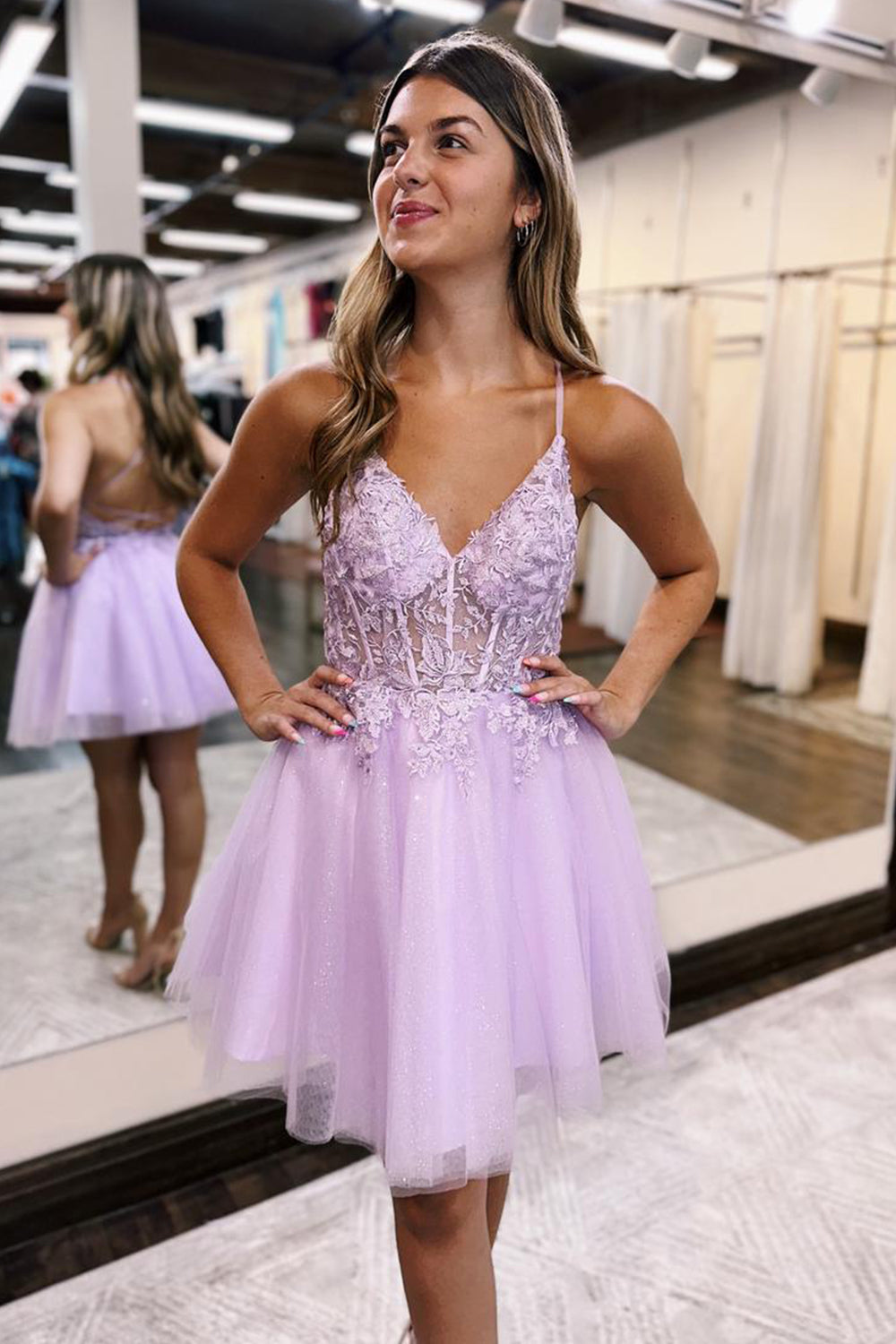 Glitter Lilac Corset A-Line Tulle Short Homecoming Dress with Lace-BMbridal
