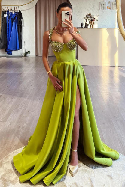 Amazing Green Straps Sleeveless Slit Long A-Line With Beads