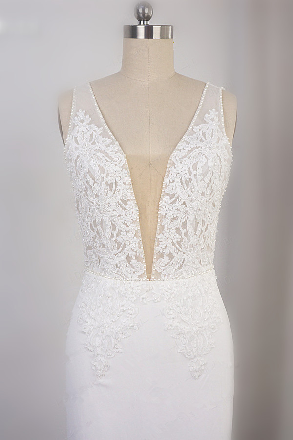 BMbridal Sexy Deep-V-Neck Chiffon Sheath Wedding Dress Lace Appliques Sleeveless Pearls Bridal Gowns Online-BMbridal
