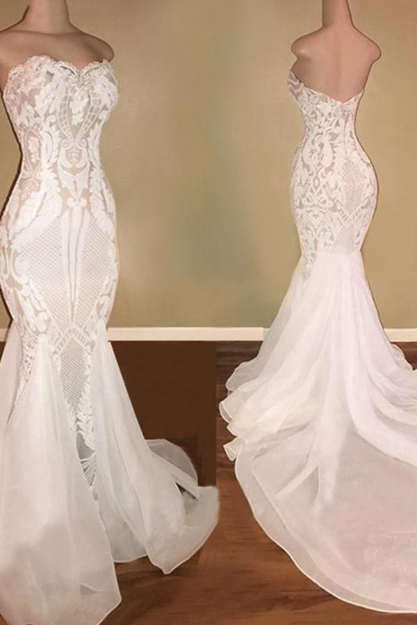 BMbridal Chic Sweetheart White Mermaid Wedding Dresses With Appliques Tulle Ruffles Bridal Gowns On Sale-BMbridal