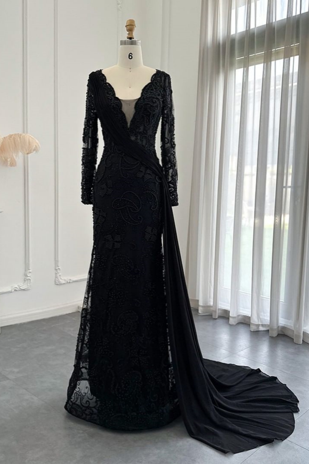 Bmbridal Black Floor-Length Long Sleeves V-Neck Prom Dresses