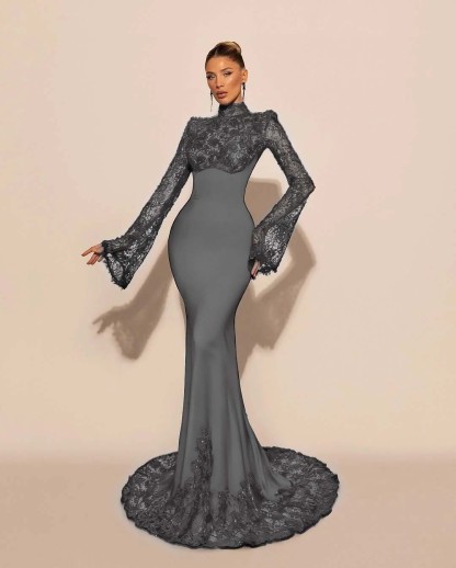 High Neck Lace Long Sleeves Long Mermaid Prom Dress With Pleated