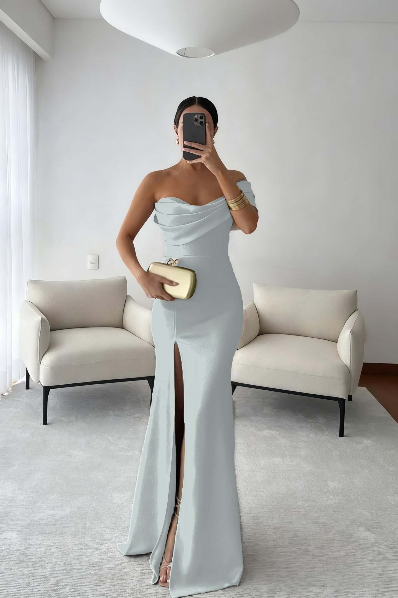 One Shoulder Sleeveless Long Mermaid Prom Dress With Split Pleated