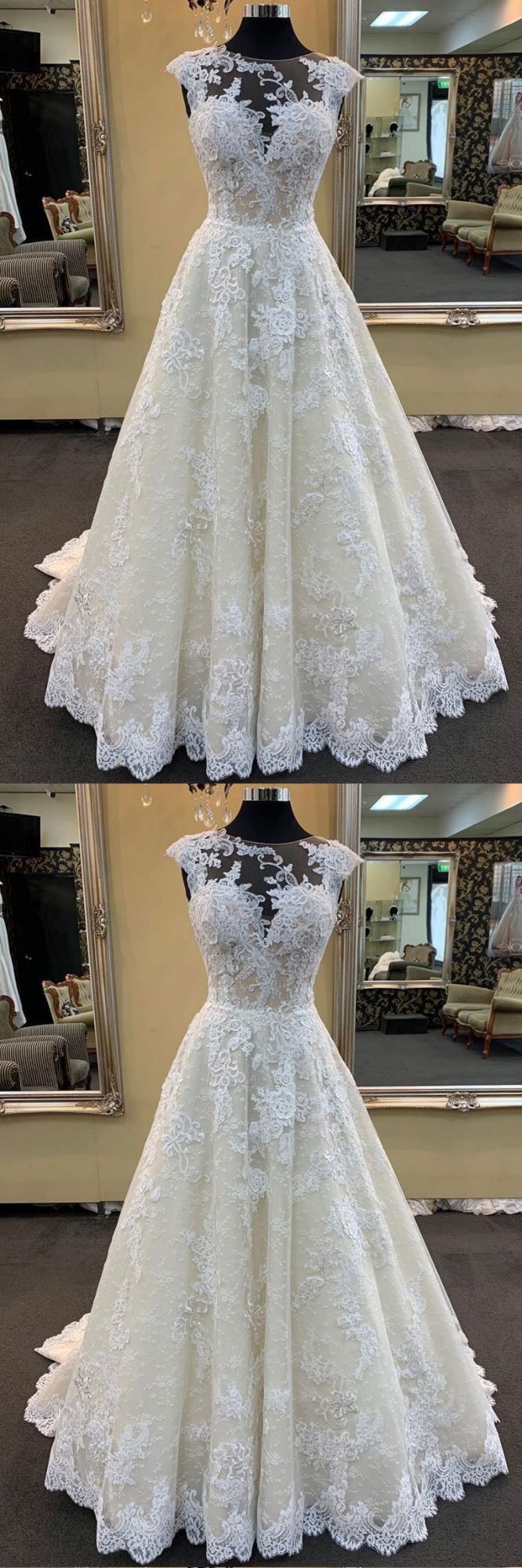 BMbridal Chic Ivory Lace Round Neck Long Wedding Dress Cap Sleeve Sweep Train Bridal Gowns On Sale-BMbridal