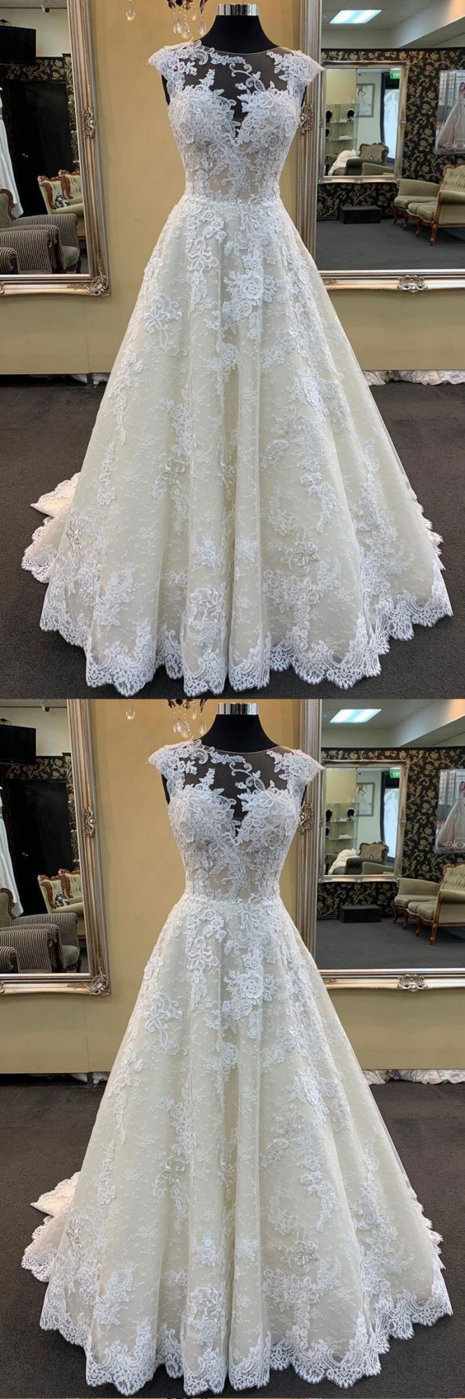 BMbridal Chic Ivory Lace Round Neck Long Wedding Dress Cap Sleeve Sweep Train Bridal Gowns On Sale