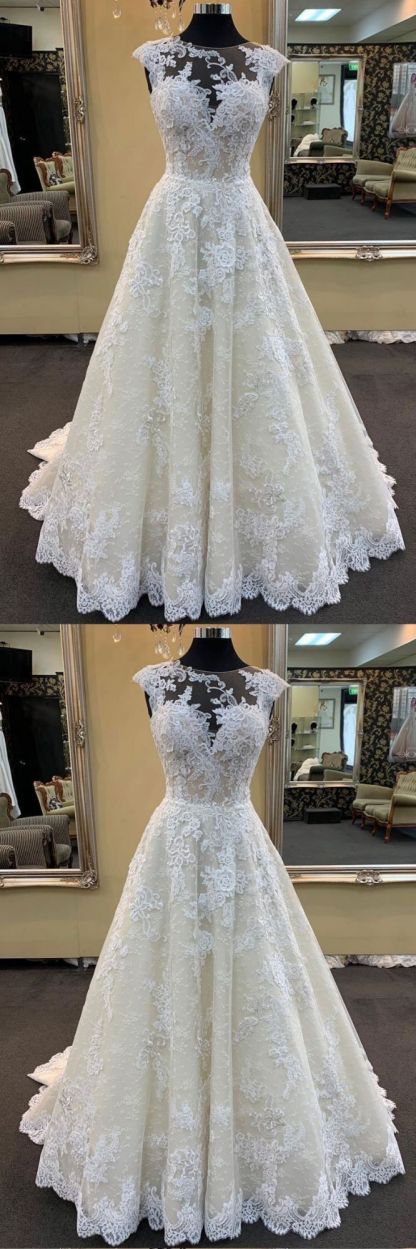 BMbridal Chic Ivory Lace Round Neck Long Wedding Dress Cap Sleeve Sweep Train Bridal Gowns On Sale