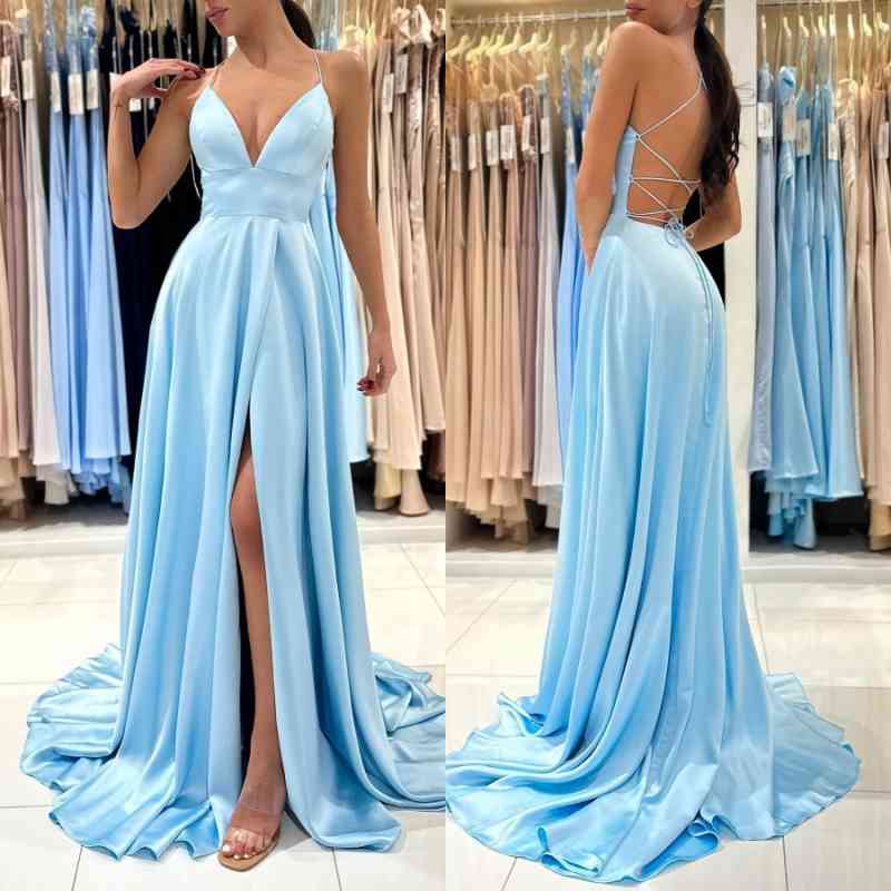 Bmbridal Sky Blue Spaghetti-Straps Prom Dress Split Long On Sale-BMbridal