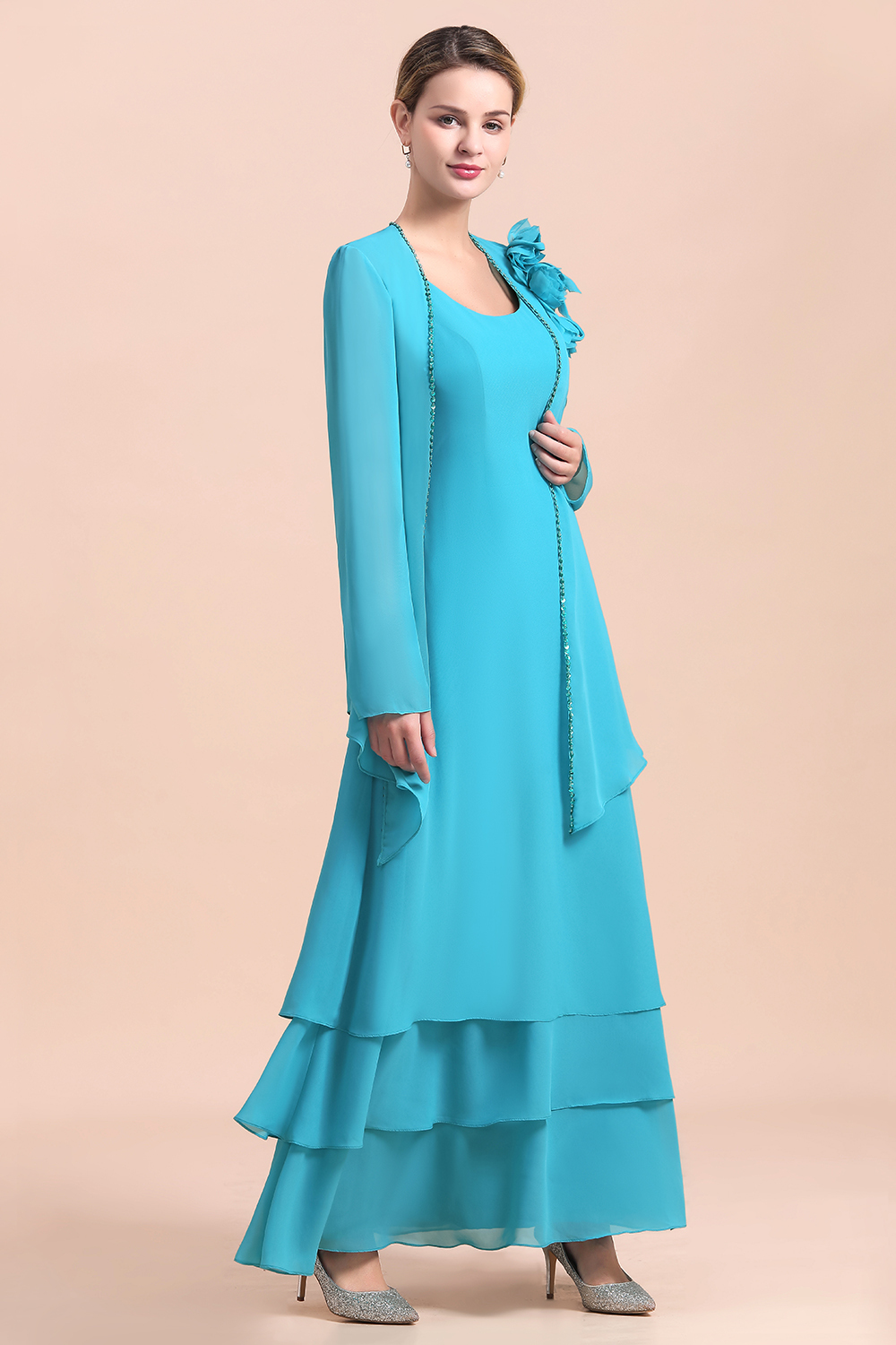 BMbridal Gorgeous Square Neck Flowers Layers Mother of Bride Dress with Long Wraps-BMbridal
