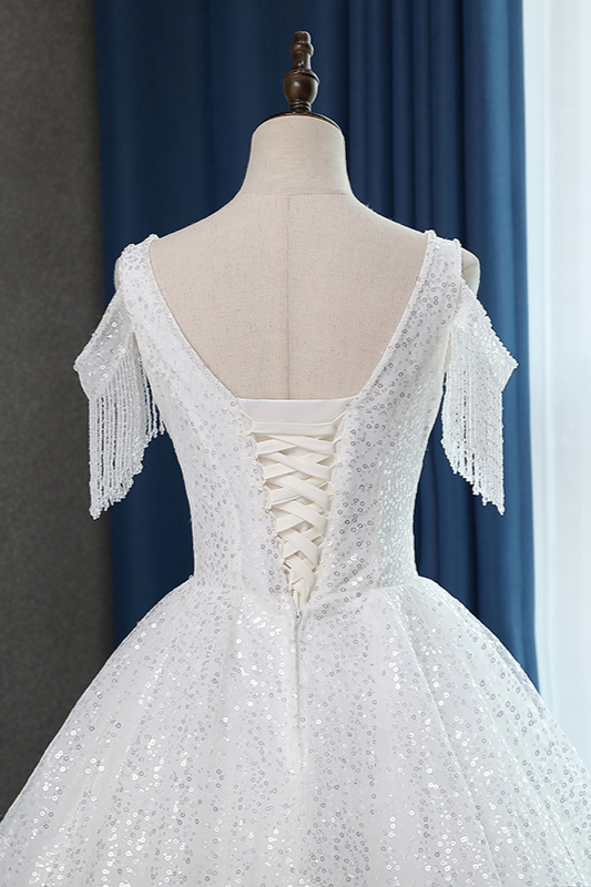 BMbridal Sparkly Sequins White Tulle Ball Gown Wedding Dress Cold-Shoulder V-Neck Bridal Gowns with Tassels On Sale-BMbridal
