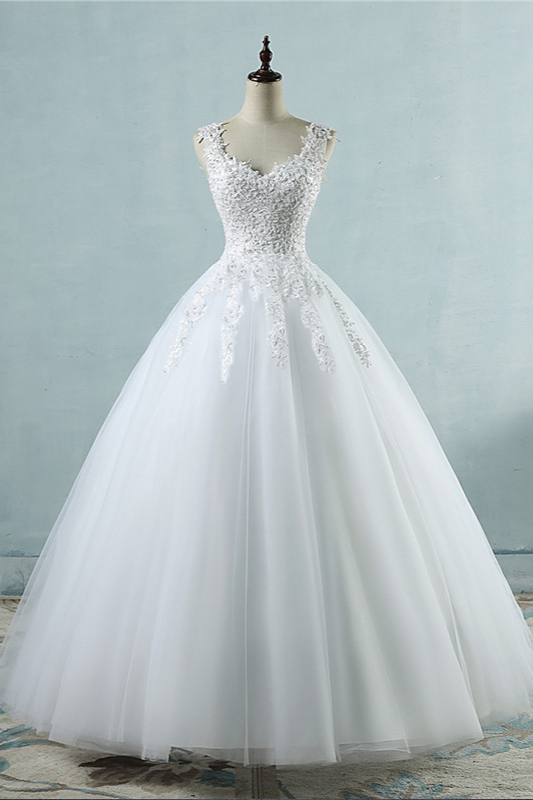 BMbridal Glamorous V-Neck Tulle Lace Beadings Wedding Dress Appliques Tulle Bridal Gowns with Rhinestones-BMbridal