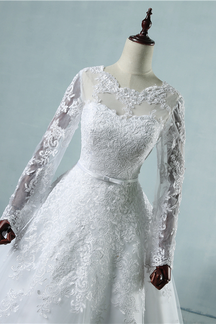 BMbridal Elegant Jewel Tulle Lace Wedding Dress Long Sleeves Appliques A-Line Bridal Gowns On Sale
