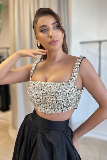 Elegant Two-Piece A-Line Sequined Square Neck Sleeveless Satin Prom Dresses with Slit