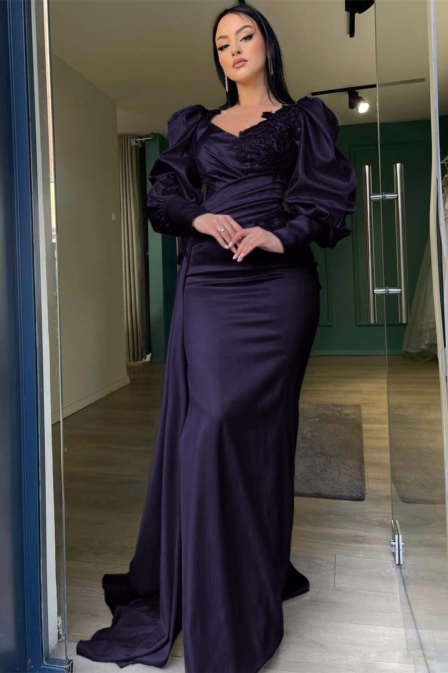 Long Puff Sleeves Pleated Mermaid Split Prom Dress With Appliques Ruffles