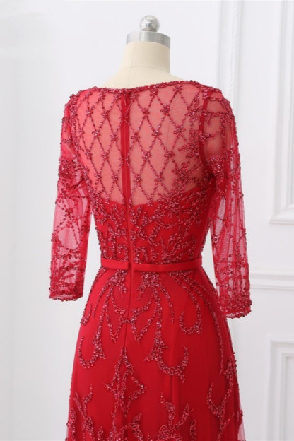 BMbridal Glamorous Red Tulle Jewel Appliques Prom Dresses Long Sleeves with Rhinestones On Sale