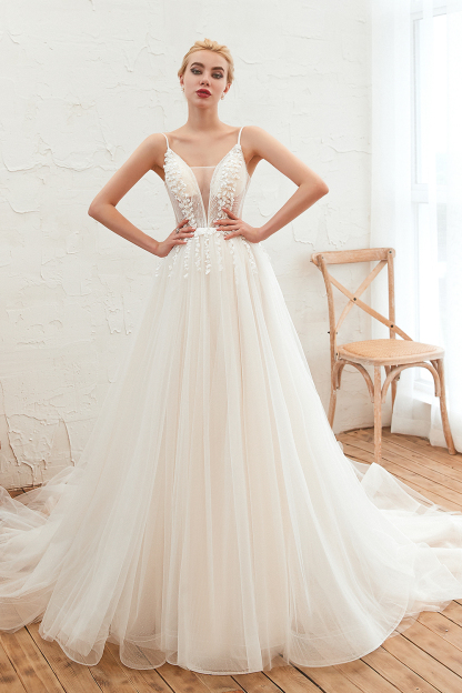 BMbridal Chic Spaghetti Straps V-Neck Ivory Tulle Wedding Dresses with Appliques